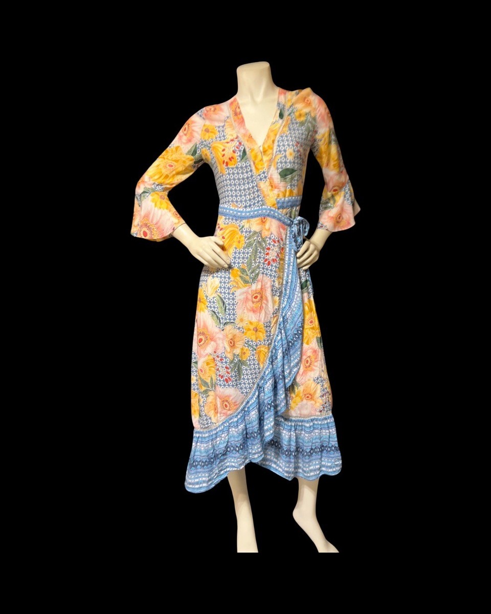 Farm Rio de Janeiro Anthropologie Flower Wrap Dress XS Patchwork Print  Crochet | eBay