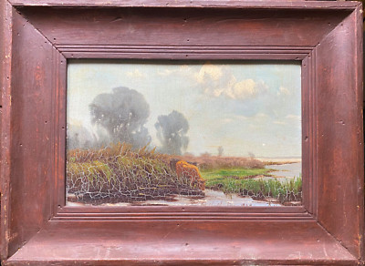Oil painting signed R.Bäuerle ''On the Upper Danube'' River through landscape