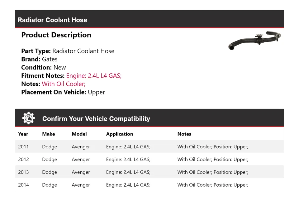 Manguera de refrigerante de radiador de gas de 2,4 L L4 para Dodge Avenger 2011-2014 puertas superiores 2012 Foto 2 de 4