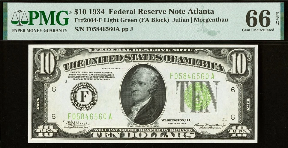1934 $10 Federal Reserve Note PMG 66EPQ - Top Pop Highest Graded - Atlanta LGS - Image 3 of 4