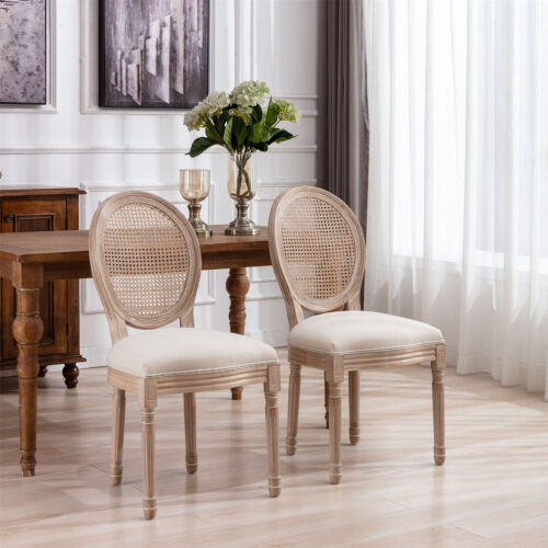 French Dining Chairs Set of 2 Farmhouse Country Linen Rattan Back Kitchen Chair