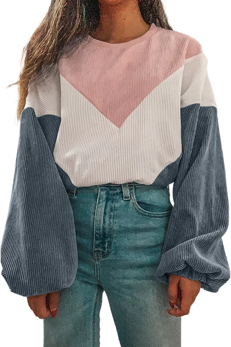 Women Dark Blue Colorblock Balloon Sleeve Corduroy Sweatshirt | eBay