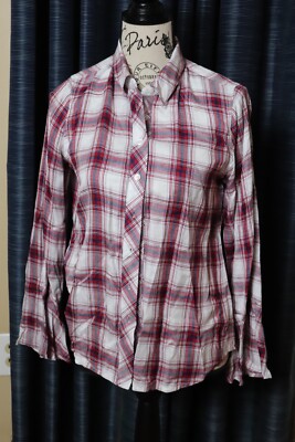 NEW DRAPER JAMES BELL SLEEVE PLAID BUTTON DOWN SHIRT size 6 Burgundy/BLACK/WHITE