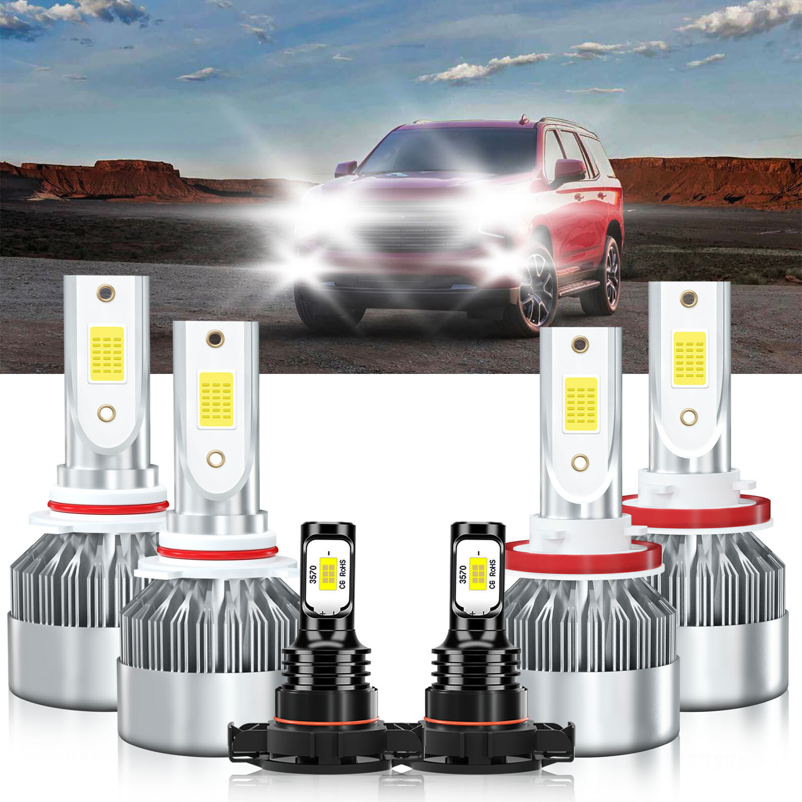 For Chevrolet Tahoe 2007-2015 6pcs LED Headlight Bulbs High Low Beam Fog Lights