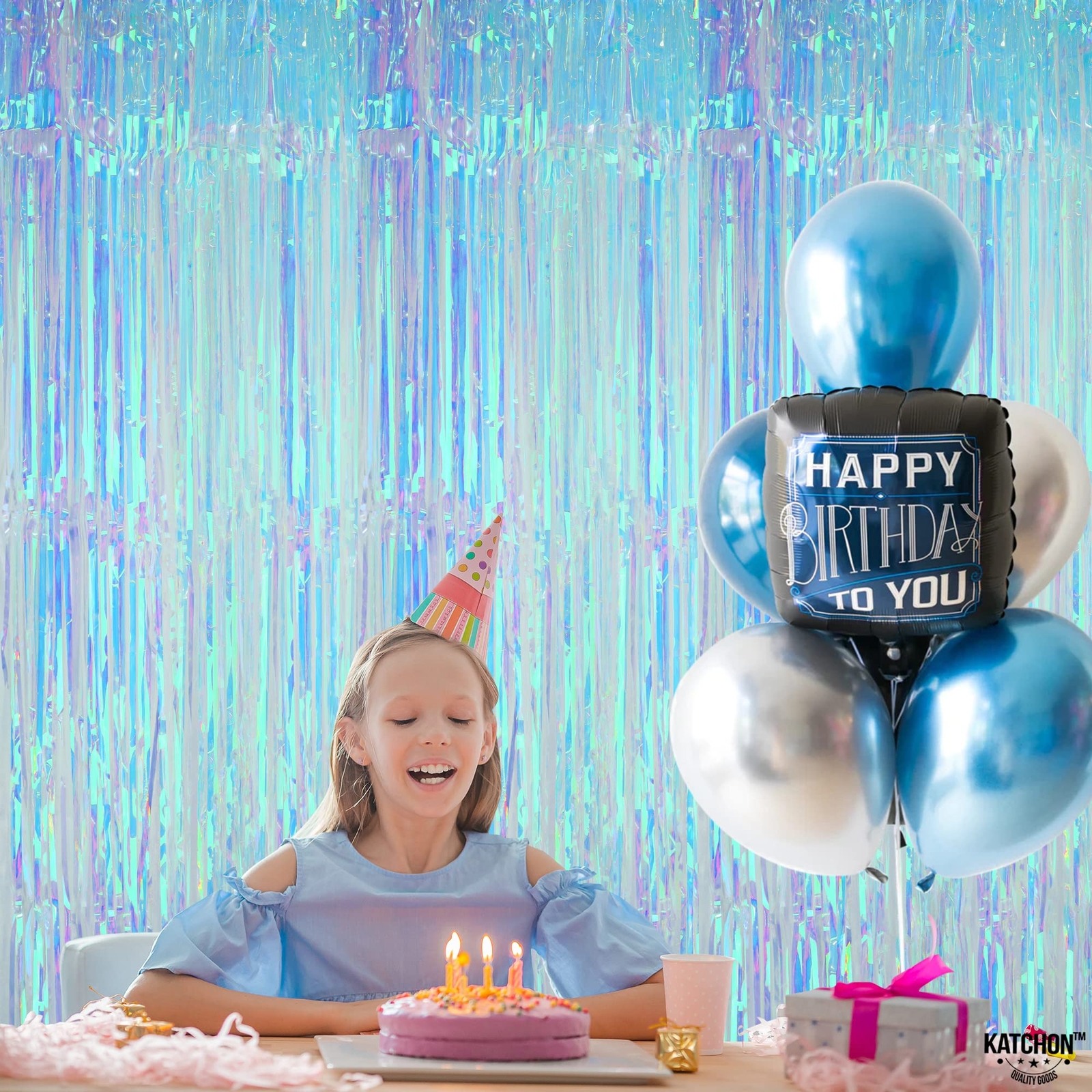 KatchOn XtraLarge Blue Iridescent Streamers - 3.2x8 Feet Blue Fringe | Mermai...