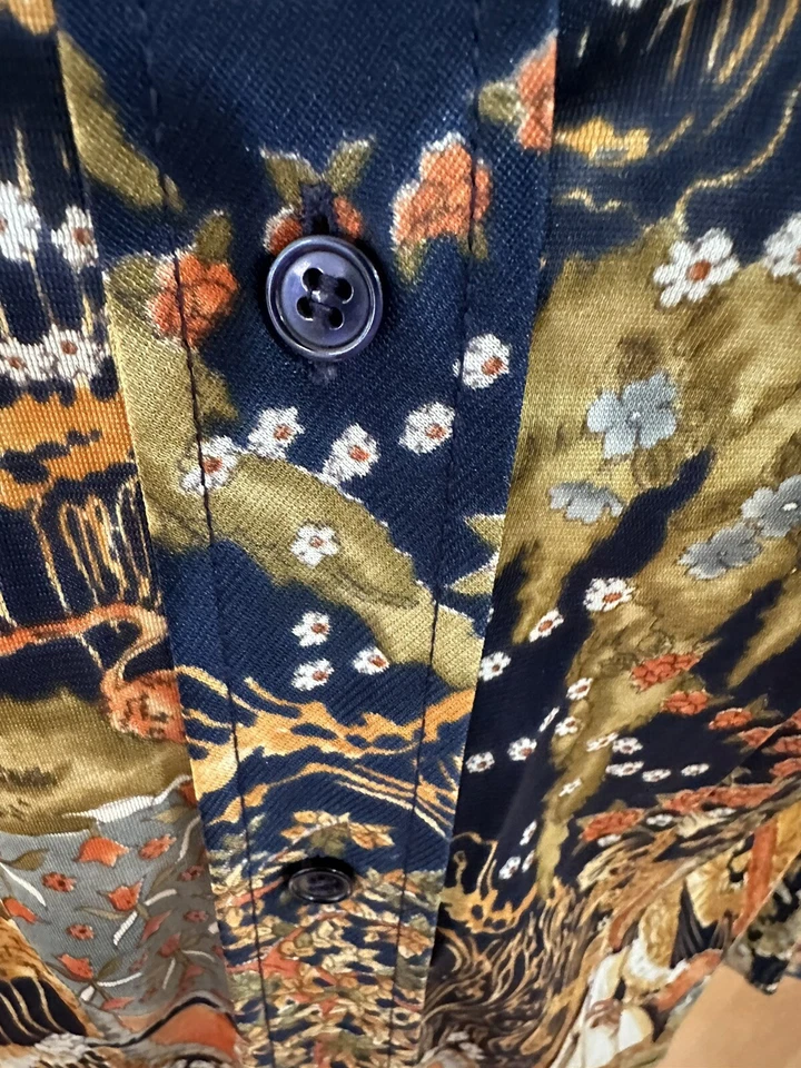 Vintage Años 70 Dama Flecha S M 38” Renacimiento Arabesco LS Disco Top Cuello Daga Foto 4 de 4