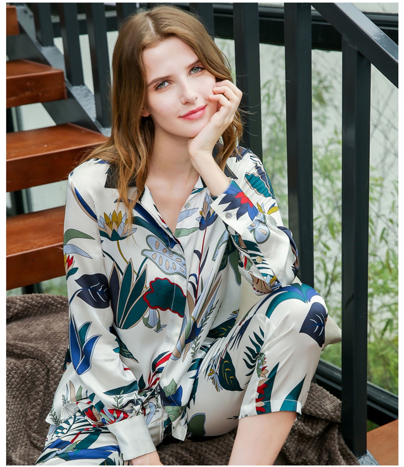 Women's 100% Pure Mulberry Silk Pajamas Set Print Silk Sleepwear