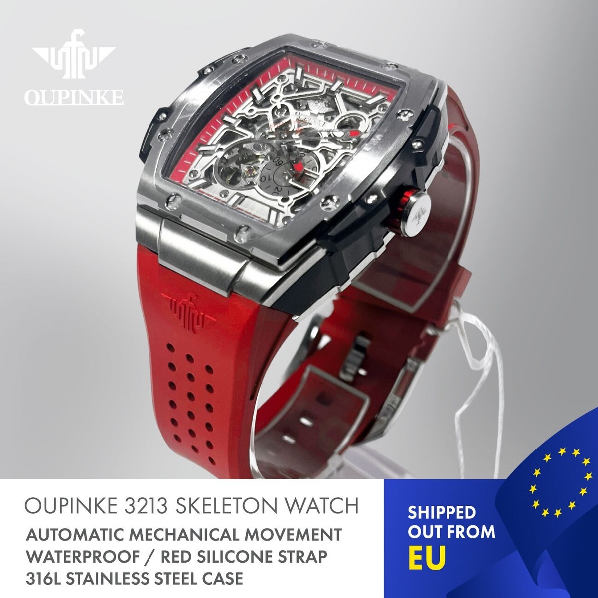 OUPINKE 3213 Skeleton Automatic Mechanical Waterproof Watch . Red