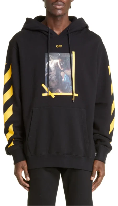 OFF WHITE Felpa con cappuccio bianca Caravaggio pittura grafica nera taglia XL