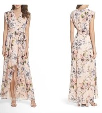 Eliza J Dress Blush Pink Floral Ruffle High Low Maxi Belted Cap Sleeve Sz 2 NWOT