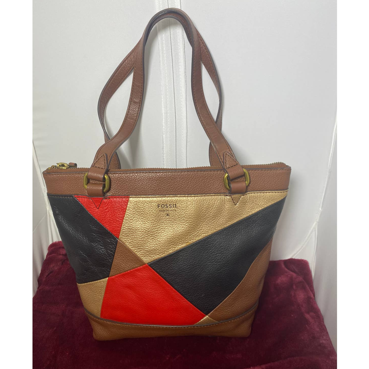 Fossil brown patchwork shoulder bag - image 1