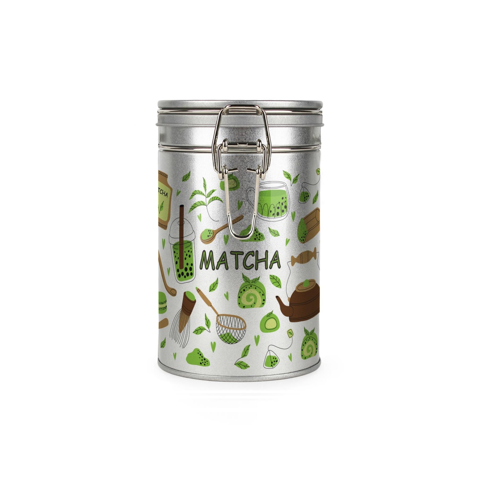 Purely Home Green Matcha Canister - Silver Metal Clip-Lid Storage Gift Tin