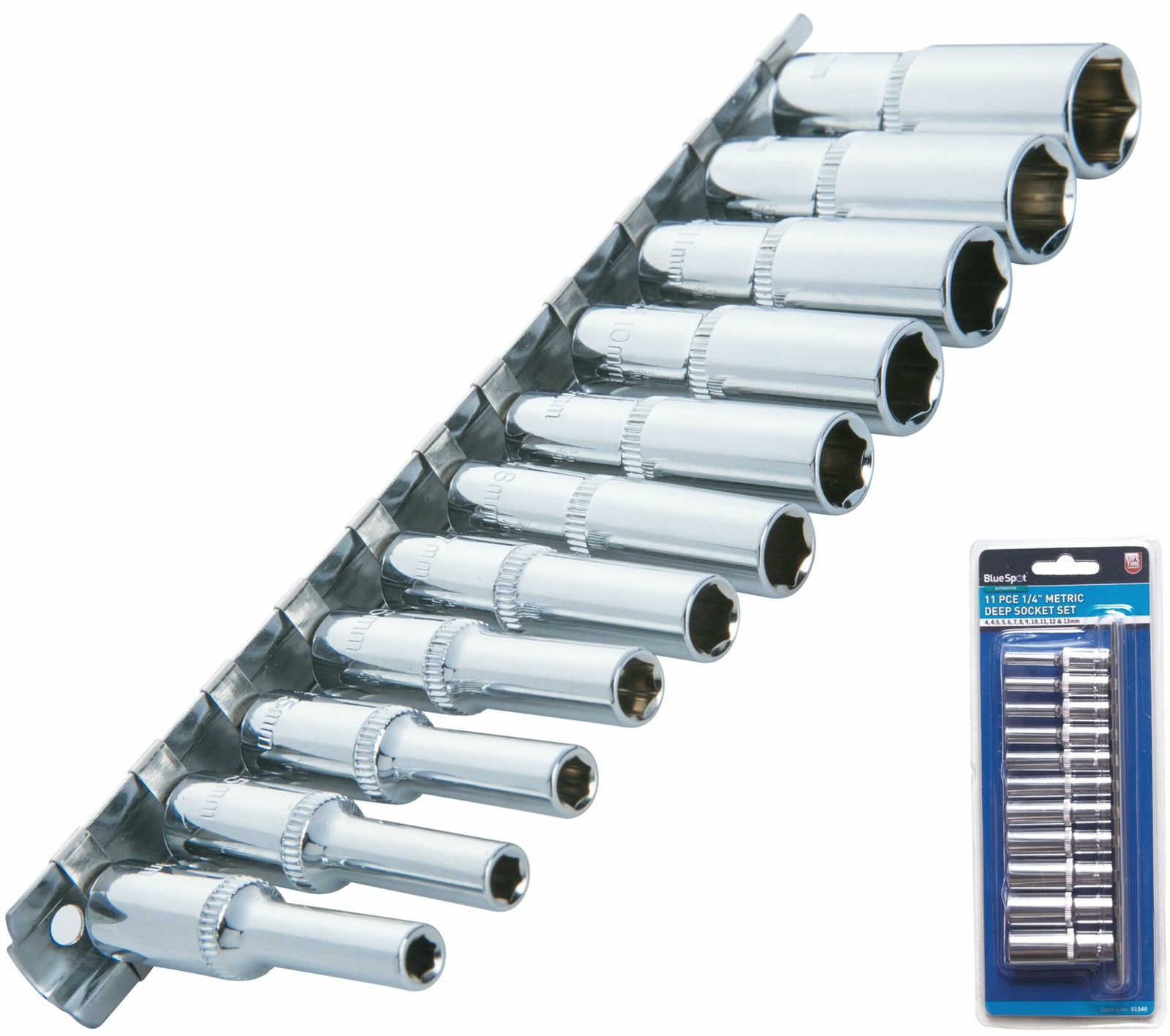 BlueSpot Metric Deep Socket Set/ Long Reach Sockets On Rail 1/4"" Drive 4-13mm