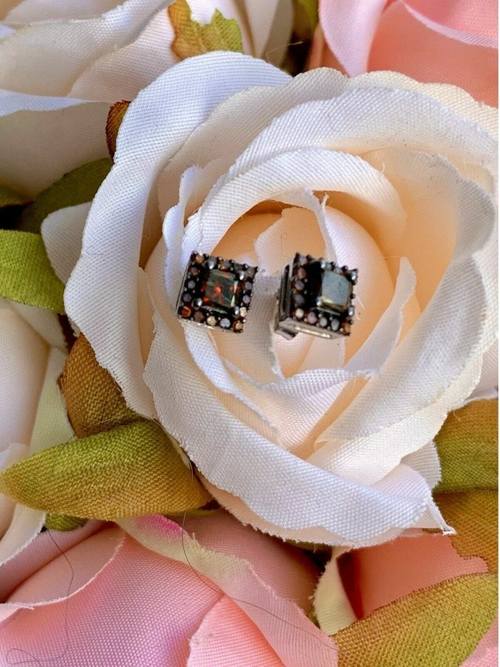 2Ct Princess Cut Lab Created Smoky Quartz Engagement Stud Earring 14k White FN - Image 2 of 3