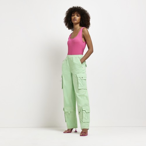 River Island Womens Cargo Trousers Green Bright High Rise Pants 100% Cotton  | eBay