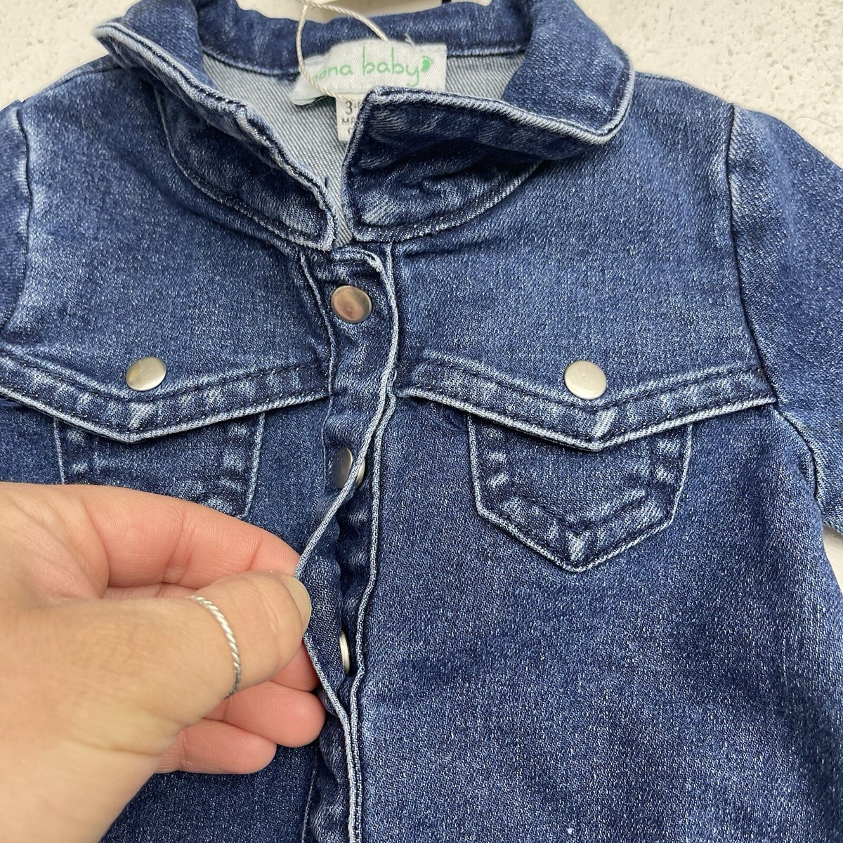 ロンパース・カバーオール OONA ROMPER - EMBROIDERED DENIM Oona Baby Blue Denim Button Down Long Sleeve Romper One Piece