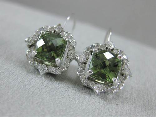 FANCY 3.25CTW DIAMOND GREEN TOURMALINE HANGING 14K W GOLD CUSHION EARRINGS E3920 - Picture 10 of 12