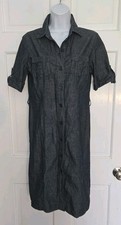 ATTENTION blue Gray Cotton Chambray Denim Button Front Safari Shirtdress Dress 6