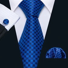 Paids Checks Fashion Mens Tie Navy Blue Necktie Handkerchief Cufflinks Set Party