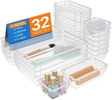32 PCS Clear Plastic Drawer Organizer Set, 4-Size vanity organizer Trays and Sto