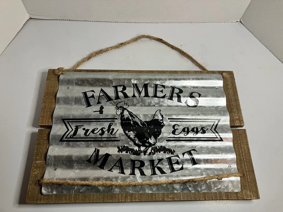 Rustic wood tin & rope hanging Farmers Market fresh eggs sign 14x9" - Image 3 of 3