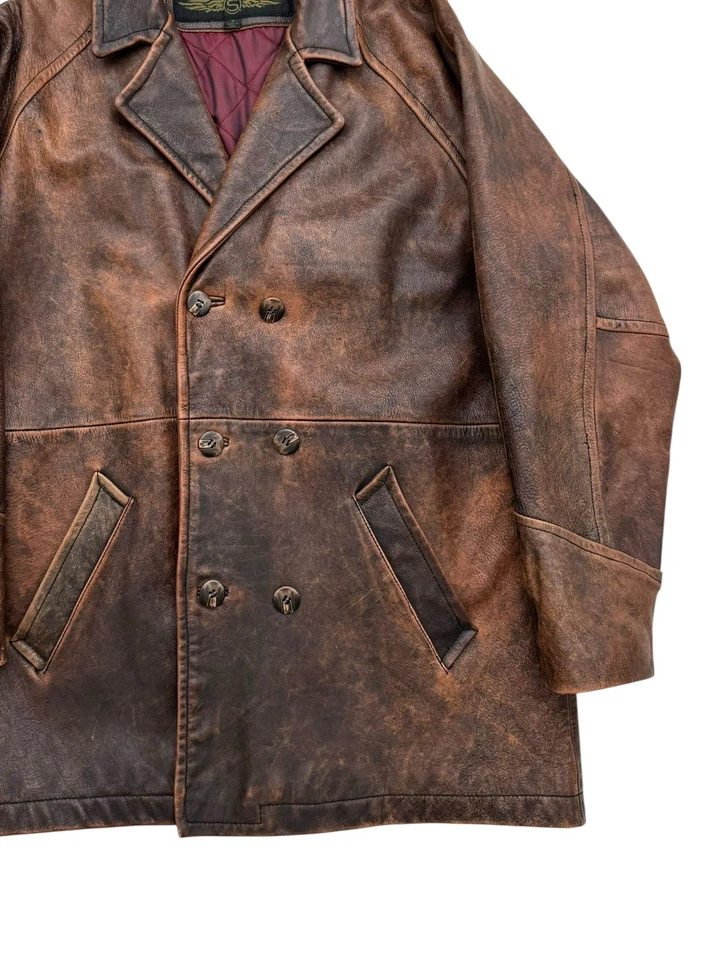 VTG Structure Brown Distressed Leather Peacoat Jacket Men's M - Fits L/XL - Read - Image 2 of 4