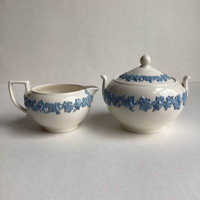 Wedgwood Embossed Queen s Ware Lavender Sugar Bowl Lid & Creamer Blue Cream 3 Pc