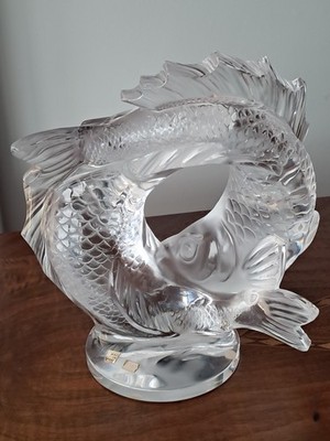 LALIQUE CRYSTAL DOUBLE FISH/DEUX POISSONS Sculpture With Original Sticker 