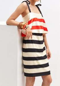 Anthropologie MARE MARE Striped Layered Dress Tie Shoulders Ivory Medium