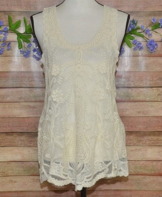 Tea N Rose Floral Lace Overlay Tank Top Size M Cotton Blend Shabby Chic Boho