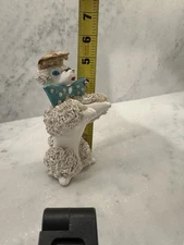 Vintage 5.5” Spaghetti Poodle Figurine Hat Pearl Bow Tie Blue Eyes MCM