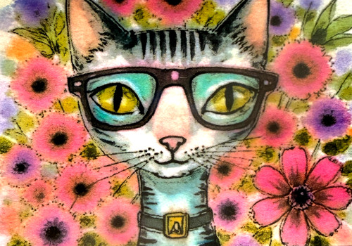 ACEO Cat Art Watercolor Mixed Media OOAK Gray Tabby Glasses Floral AdriO