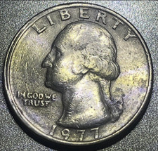 ERROR 1977 QUARTER - OFF-CENTER & PARTIAL DOUBLE RIM OBV., CIRC.