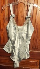 Vintage La Senza Green Satin Lace Peblum Snap Crotch Teddy Lingerie M Bows