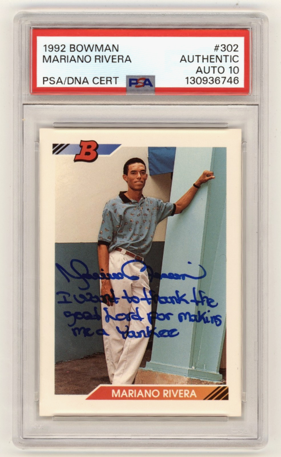 Mariano Rivera 1992 Bowman #302 Signed Rookie RC w/ Thank Lord Insc. PSA 10 Auto