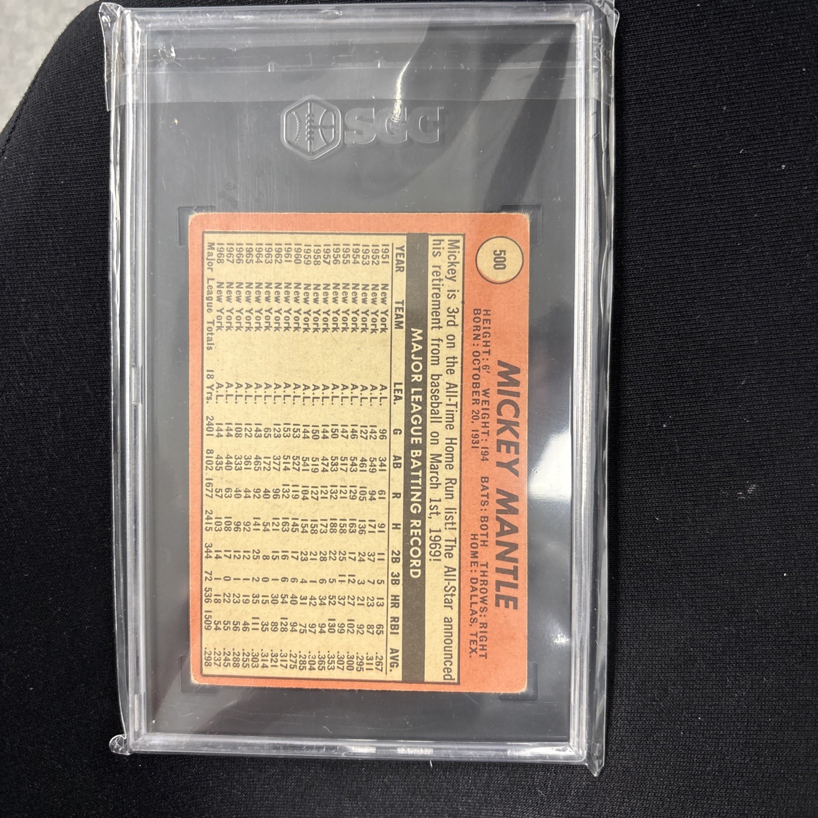 1969 Topps - Mickey Mantle #500 Last Name in Yellow SGC 2 GD view 4