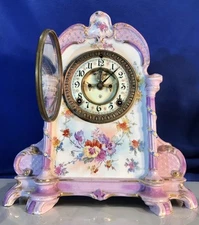1882 ANTIQUE ANSONIA PORCELAIN STRIKE CLOCK,1755 GERMAN ROYALBONN PORCELAIN CASE
