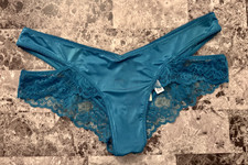 NWT VICTORIA'S SECRET TEAL BLUE SATIN SMOOTH STRAPPY FLORAL LACE CHEEKY PANTIES