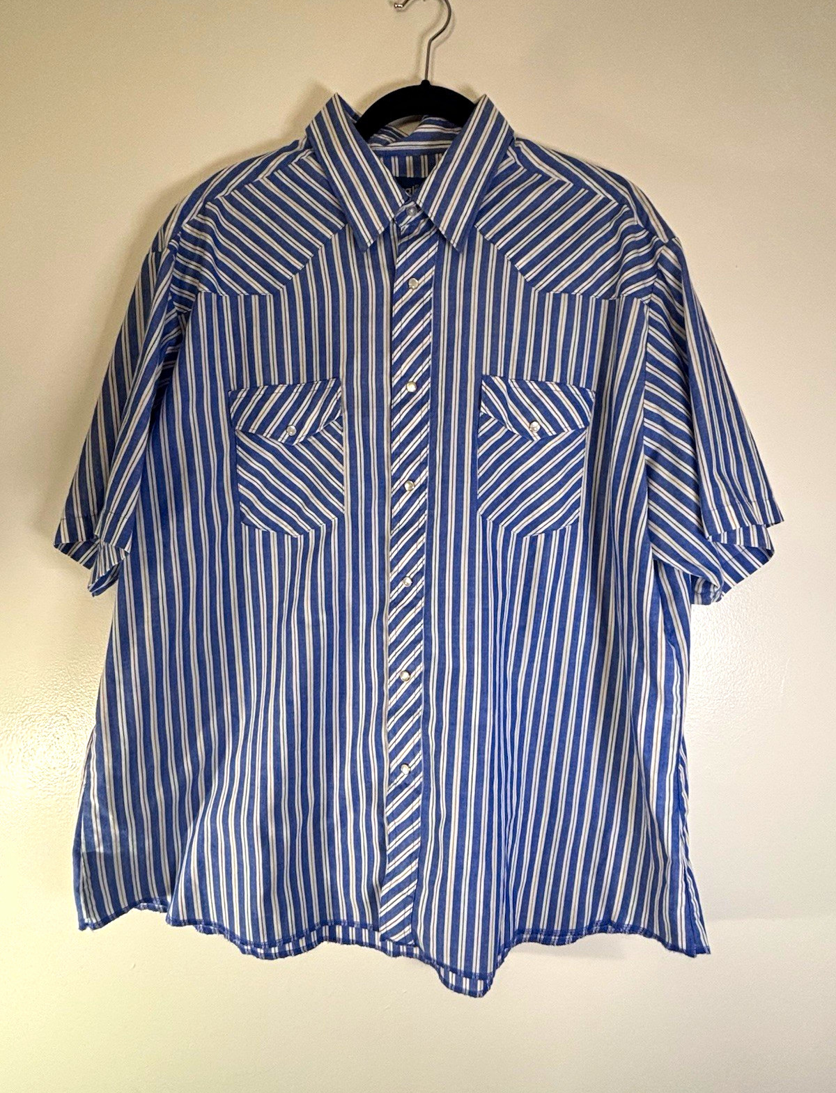 Wrangler, Vintage 90s Wrangler Western Shirt XXL Short Sleeve Blue Striped Pearl Snap Yoke
