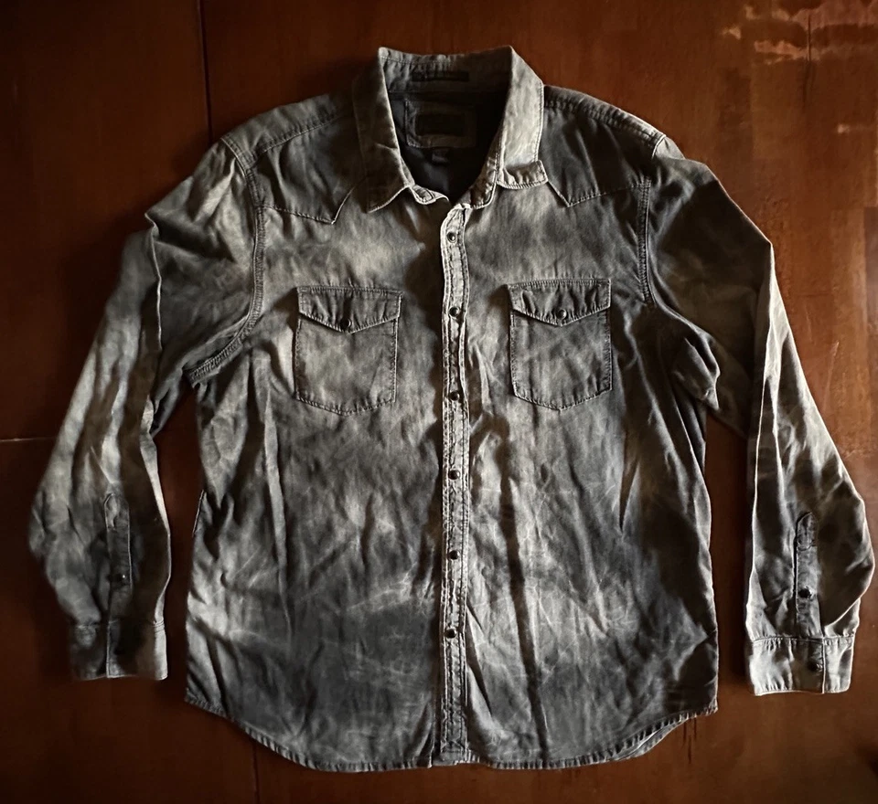 Camisa Guess Para Hombres Abotonada Perla Botón a Presión Algodón Denim Gris Manga Larga XXL Foto 2 de 4
