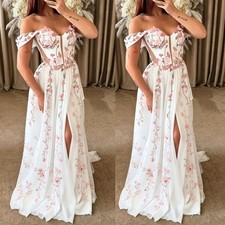 Pink Floral Side Split Wedding Dresses Off the Shoulder A Line Bridal Gowns