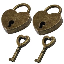 2PCS Mini Antique Bronze Heart Shaped Padlock with Key, Small Metal Padlock