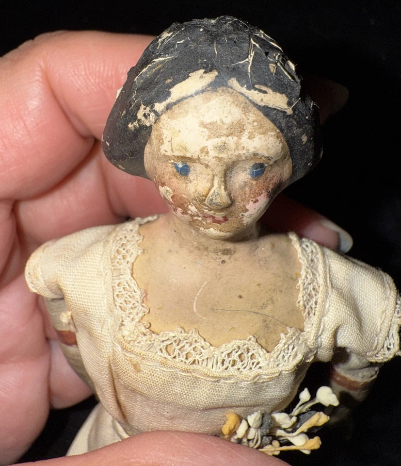 古董 7.5 英寸木制 Milliner 模型娃娃 c.1840–1860 年德国早期绘画 — 第 2/4 张图片