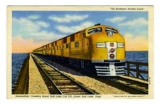 Southern Pacific Streamliner Crossing Great Salt Lake Linen Postcard
