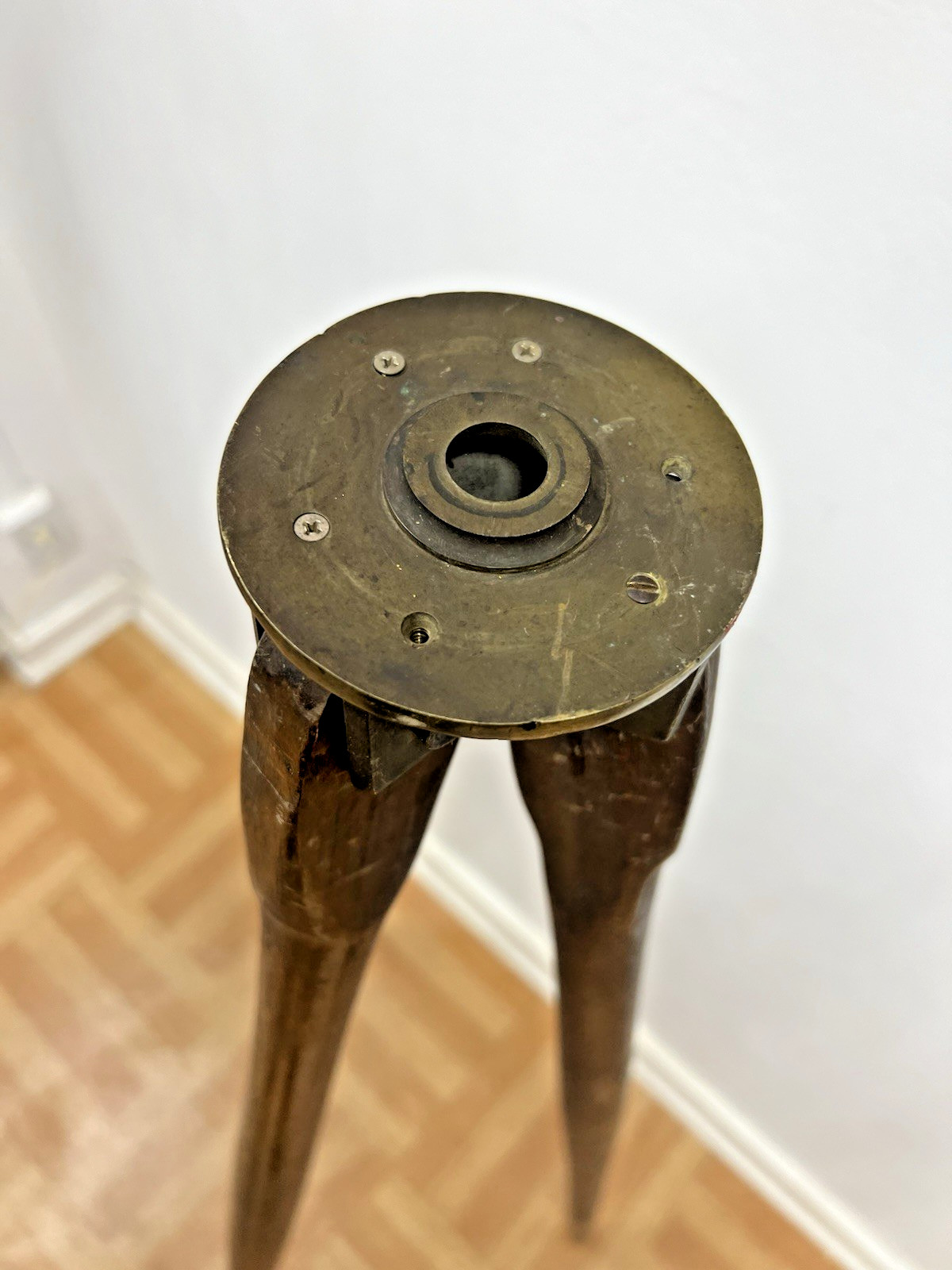 Vintage WOOD TRIPOD rustic decor transit light stand survey industrial brass 4'