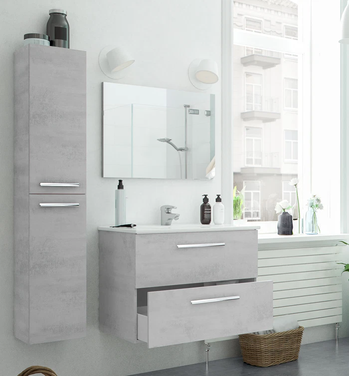 FORES Mobile Bagno sospeso 80 cm 2 cassetti con LAVABO SPECCHIO COLONNA grigio cemento