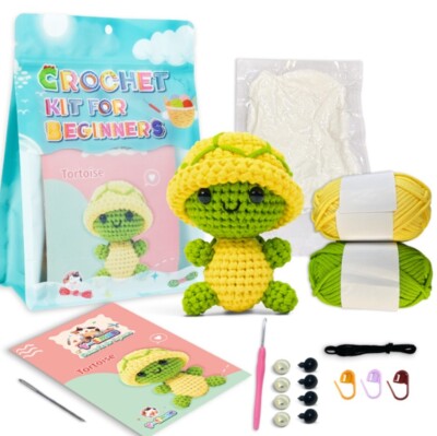 Beginner Crochet Turtle Kit DIY Amigurumi Set Yarn Tools Included Video Tutorial
