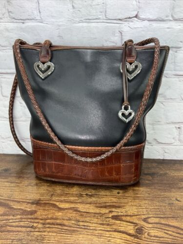 Brighton Leather Black Brown Leather Tote Alligator Accents Vintage