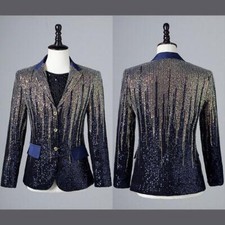 Men's Sequin Tuxedo Jacket Suit Blazer Party Prom Coat Top Showman Costume Shiny