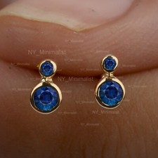 Round Natural Blue Sapphire Gemstone Solid 14K Yellow Gold Tiny Stud Earrings